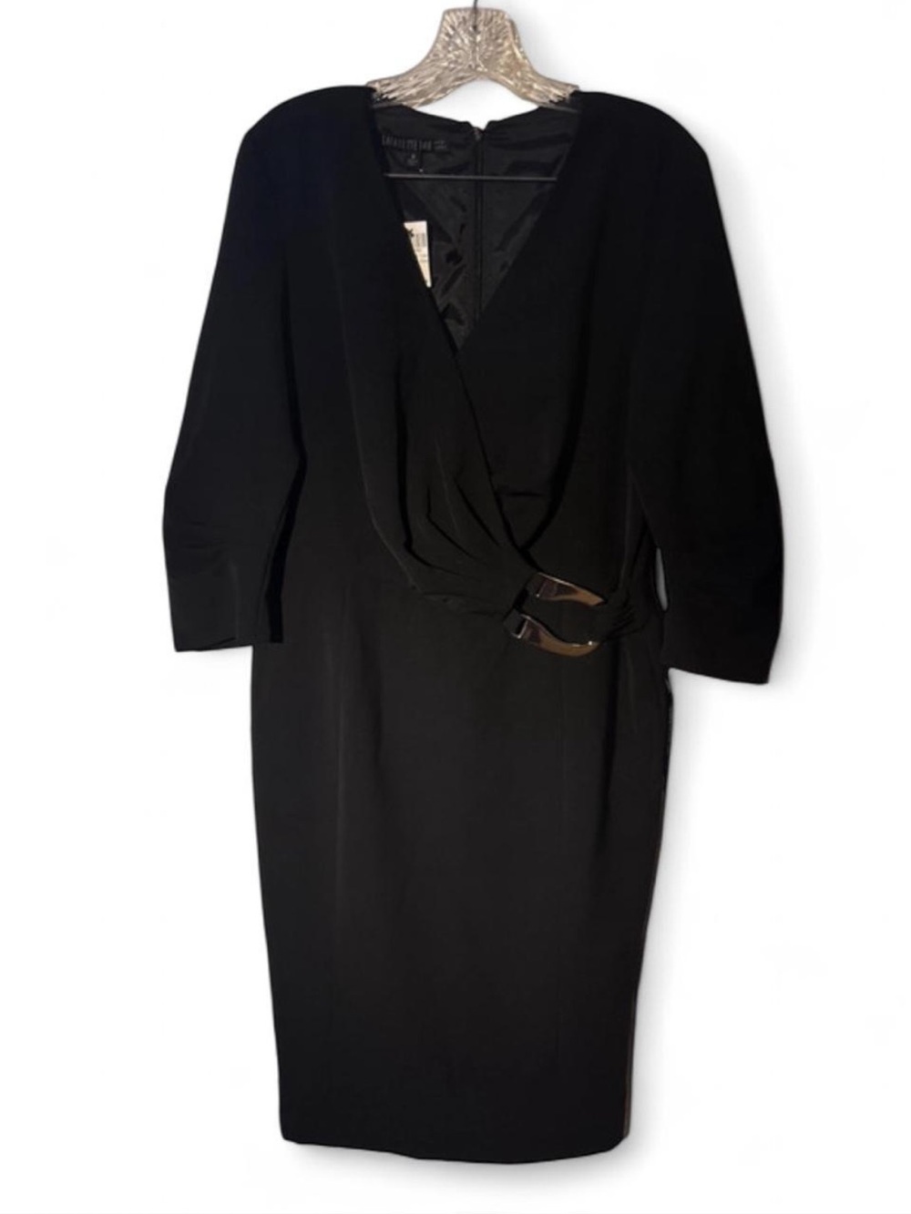 Lafayette 148 New York Black Buckle Waist Faux Wrap Sheath Dress. Size 10 NWT - Picture 2 of 8